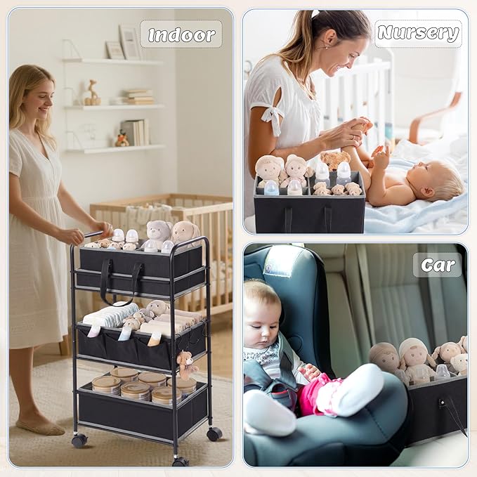 Honeydak 2in1 Baby Diaper Caddy Organizer Cart 3 Tier Large Capacity Metal Utility Bedside Rolling Cart with Divider for Newborn Nursery Essential Must Have for Crib Bedroom Baby Shower(Black)