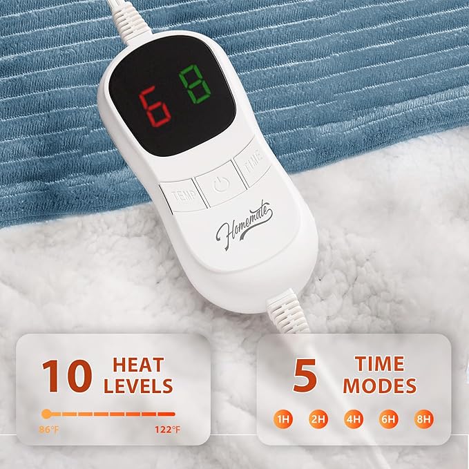 Homemate Heated Blanket Electric Throw - 50"x60" Heating Blanket Throw 1/2/4/6/8 Hours Auto-Off 10 Heat Levels Over-Heat Protection Soft Flannel Sherpa ETL Certification