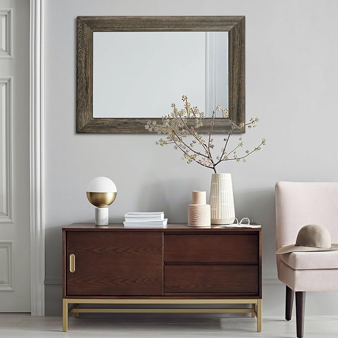 Retro Wall Mirror with Wood Framed Large Rectangle Hanging Mirrors 26"x18" Decorative for Bathroom Bedroom Living Room