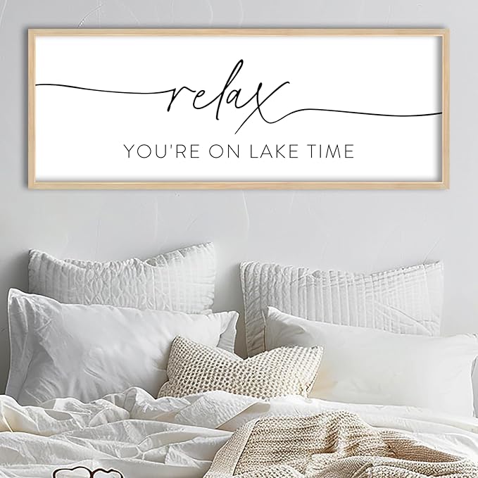 SRSZHIYUE Relax You're On Lake Time Wall Decor Above Bed Sign 32"×12" for Lake House Bedroom Over Bed Large Vintage Wood Framed Farmhouse Lake Lover Home Hanging Art (Wood)