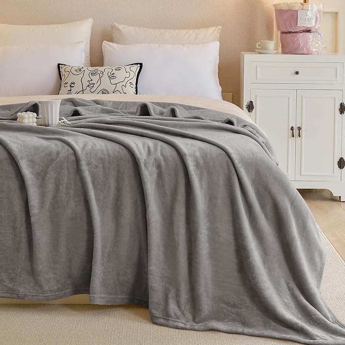 Twin Blanket for Bed, Flannel Fleece Warm Plush Cozy Blankets for Women, Sofa, Couch, Travel, Camping, 60" X 80", Light Grey