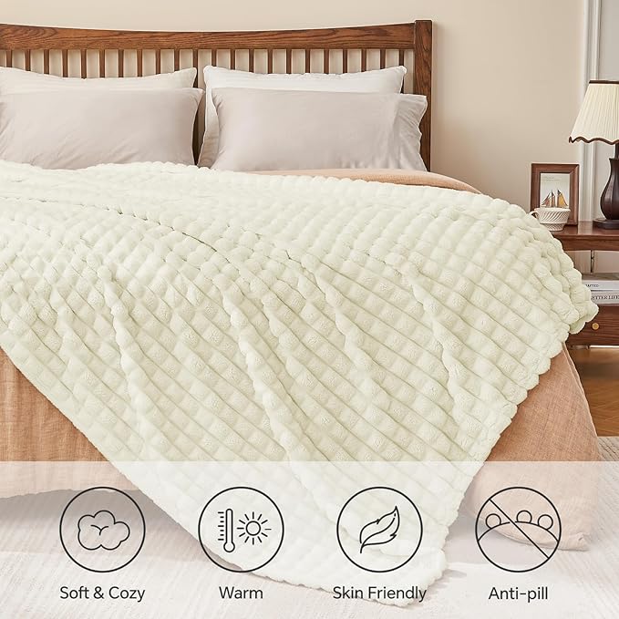 BEDELITE Cream Throw Blanket Twin Size for Bed- Super Soft and Warm 3D Checkered Fluffy Fuzzy Fleece Blanket, Luxurious Plush Cozy Blanket for Room Decor Fall and Winter, 60x80 inches