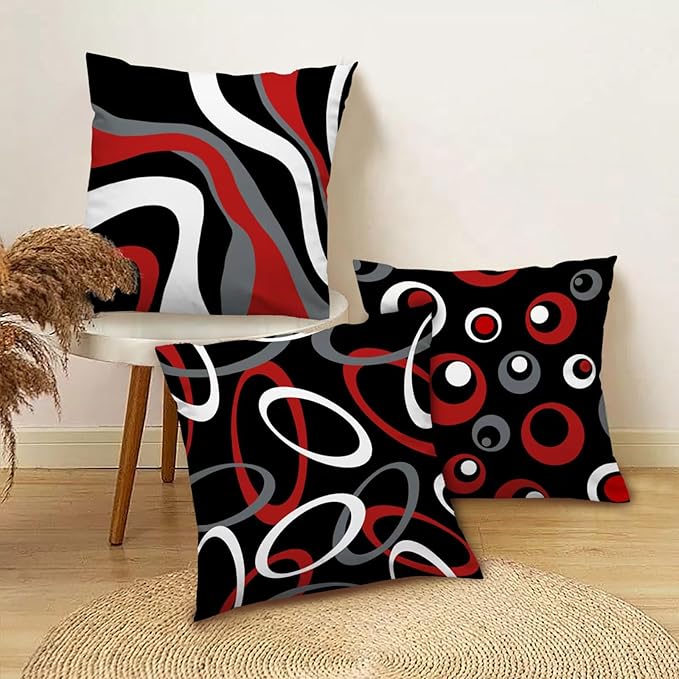 Black and Red Throw Pillow Covers 18x18 Set of 4 Grey Modern Abstract Geometric Decorative Pillow Covers Circle Pattern Pillowcases Decor for Couch Sofa Bedroom Outdoor