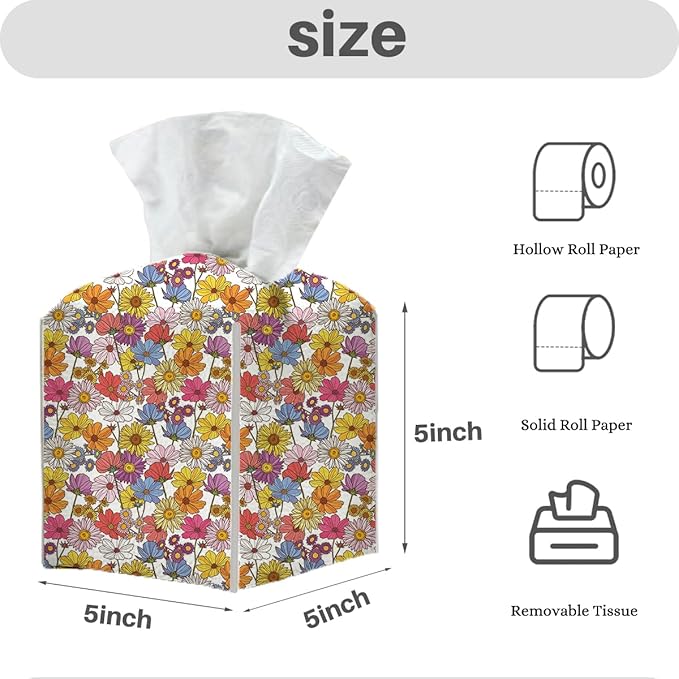 Tissue Box Cover, Tissue Box Holder, Square with Belt Bottom, PU Leather Decorative Organizer for Desk, Tabletop, Countertop Bathroom, Toilet Car, Office, Dresser Bedside, Aesthetic Flower Decor