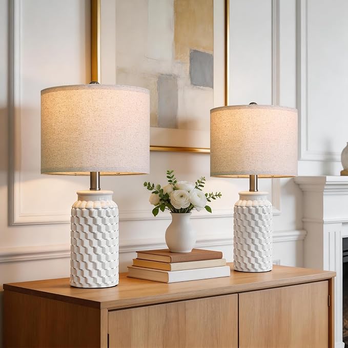 20.5" Small Bedside Lamps Set of 2 with 5FT Cord, White Ceramic Modern Farmhouse Table Lamps for Nightstand, Living Room, Bedroom, 3D Honeycomb Stylish End Table Lamps(Bulb Not Included)