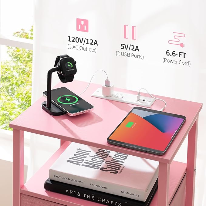 Yoobure Pink Night Stand with Charging Station, LED Nightstand for Bedroom, Bedside Tables with Adjustable Fabric Drawer, 3-Tier End Table Living Room, Small Side Table with Storage