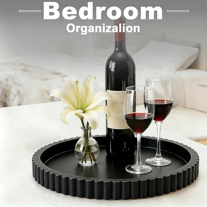 Round Decorative Tray for Coffee Table Decor - Resin Modern Table Centerpieces Decorative Trays for Kitchen, Dining, Living Room, Home Decor Housewarming Gift - Black