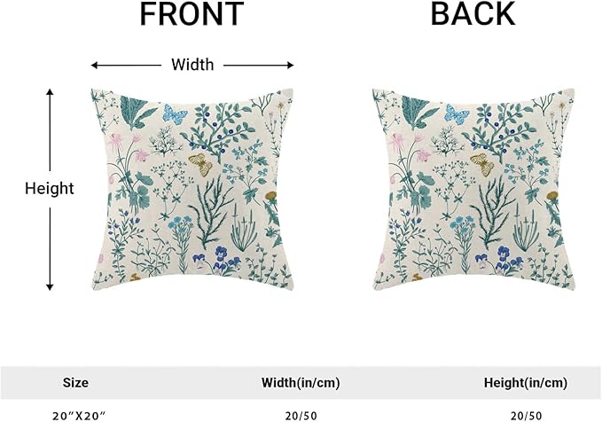 AEIOAE Spring Pillow Covers 20x20 Inch Set of 2,Blue Teal Wild Flower Plant Throw Pillows Case,Seasonal Floral Outdoor Decorative Square Linen Farmhouse Decor Cushion Covers for Home Sofa Bed Couch
