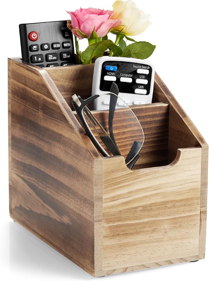 Remote Control Holder, TV Remote Holder, Wood Farmhouse Remote Caddy for Table, Remote Organizer Caddy with 3 Slots, Remote Storage Box for Home Office, Burnt Wood