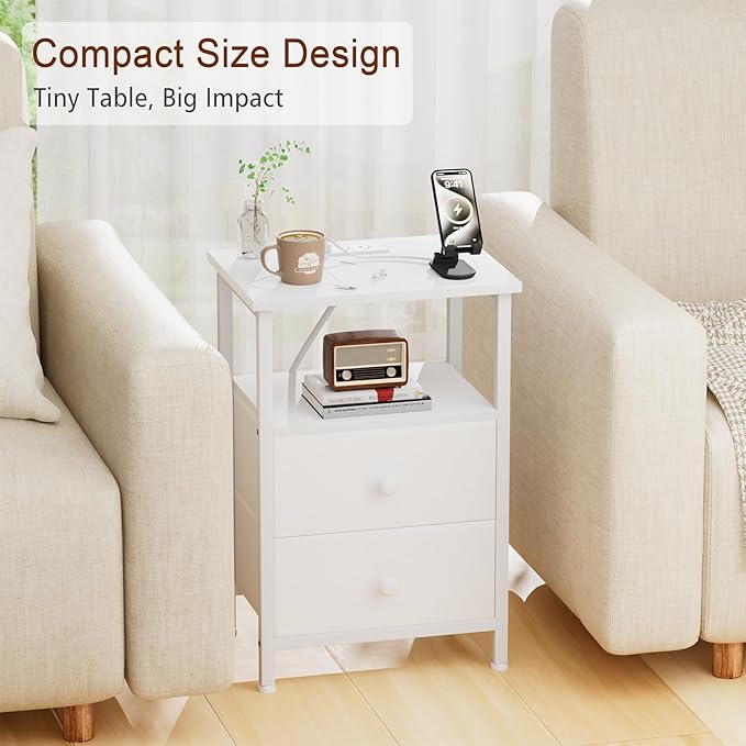 Night Stand with Charging Station, Small Bedside Table with 2 Fabric Drawers, Nightstand with USB Ports & Outlets for Bedroom, Living Room, White, HETS020WT-1