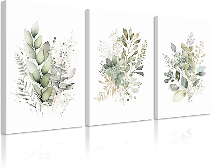 Watercolor Botanical Wall Art Set of 3 Boho Floral Canvas Wall Decor Prints Sage Green Wildflower Wall Art Modern Flower Pictures Botanical Painting for Bedroom Bathroom 12x16 Inch Wrapped Canvas