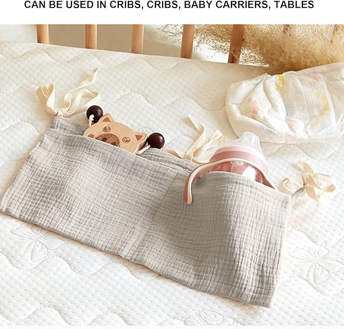 Diaper Caddy, Pure Cotton Cloth Baby Bedside Hanging Storage Bag Diaper Stacker Crib Organizer Hanging for Crib 2 Pockets Adjustable Strap Organizer for Baby Cribs and Toys (Beige)