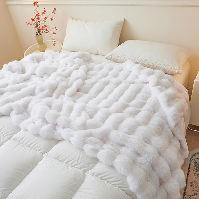 LIFEREVO Luxury Fluffy Faux Rabbit Fur Blanket, Plush Fuzzy Bubble Throw for Couch Sofa, Cozy Comfy Furry Bed Blanket Home Decoration, Aesthetic Shaggy Throw for Bedroom Living Room, 60x90, White