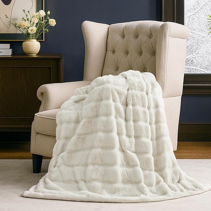Cozy Bliss Deluxe Sheared Rabbit Faux Fur Throw Blanket, Soft Fuzzy High-Low Sculpted Plush Blanket for Couch, Cozy Home Accent, All Season Use, Beige 60"x80"