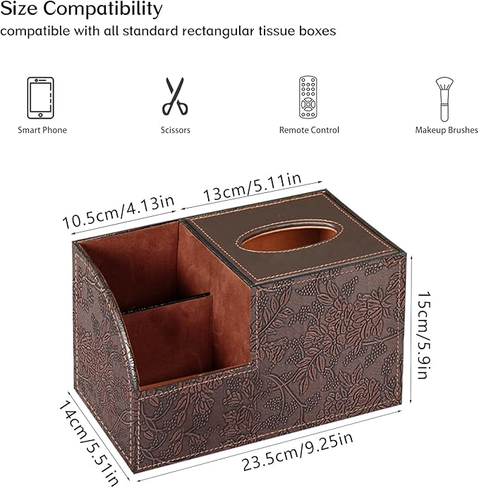 Fanousy Square Tissue Box Cover with Storage, PU Leather Cube Tissue Box Holder, Remote Control Nightstand Organizer, Modern Desk Caddy for End Table, Bathroom, Bedroom, Home, Office Decor