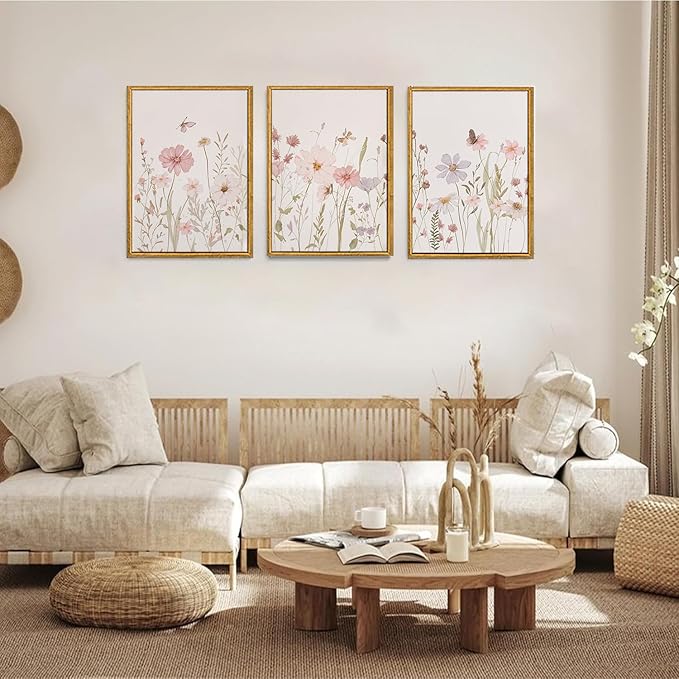 Wodkwq 3 Piece Wildflower Canvas Wall Art Framed,Pink Watercolor Flower Wall Decor,Vintage Floral Pictures,Botanical Nursery Prints For Bedroom,Living Room 16x24in