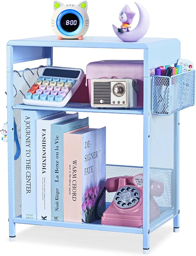Kids Nightstand, 3-Tier Metal Side Table with Adjustable Storage Shelf, Basket & 3 S-Hooks, Small Bedside Table for Nursery, Toddler Bedroom and Small Spaces (Blue)