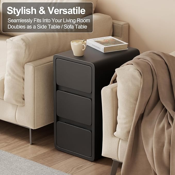 AQIMUELE Narrow Bedside Table,Narrow Night Stand with Drawers,Small Night Stand with Leather Surface for Bedroom