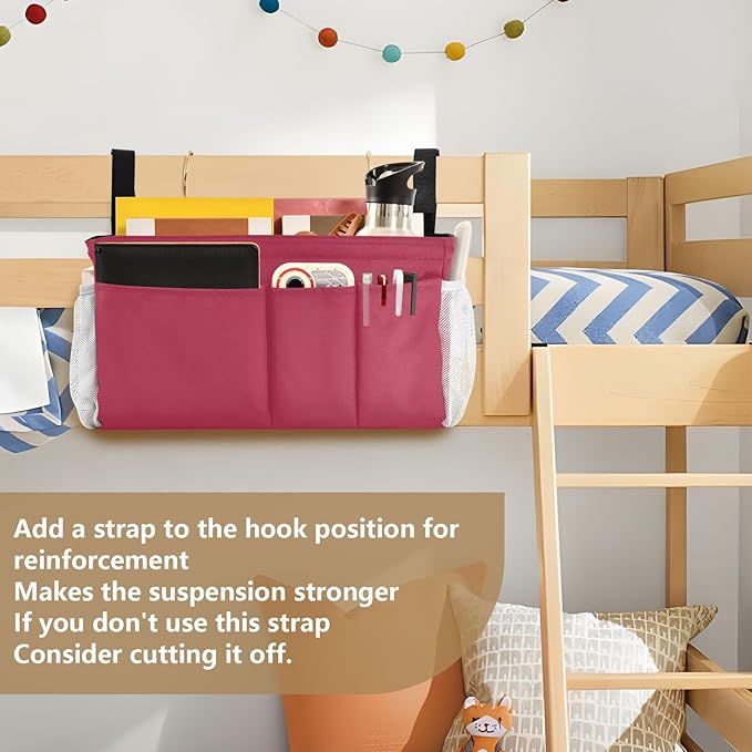 Strawberry Red Bedside Caddy Storage Bag Bedside Organizer for College Dorm Top Bunk Bed Organizer Caddy Hanging Shelf 6 Pockets with Hooks for Glasses Book Tablet Holder