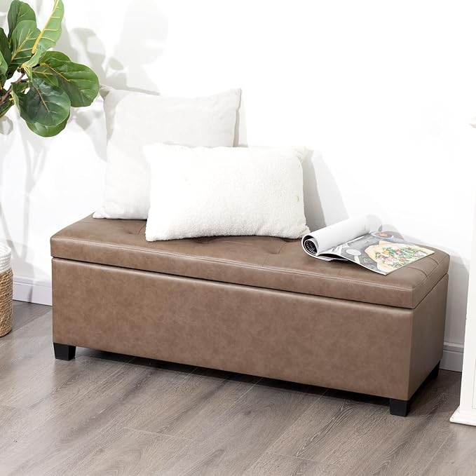 Homebeez 42" Faux Leather Storage Ottoman,End of Bed Bench,Upholstered Ottoman Bench with Storage for Living Room,Bedroom,Entryway