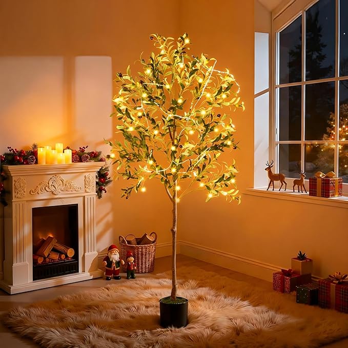 Olive Tree, 6FT Tall Faux Olive Tree with Moss and Planter, Olive Trees Artificial Indoor with Realistic Wood Trunk and Lifelike Fruits, Fake Tree for Home Office Living Room Decor