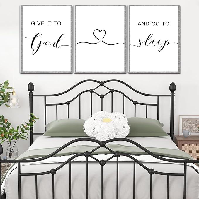 Framed Farmhouse Decor, Farmhouse Wall Art 36x16', Give it to God and Go to Sleep Signs (12x16 inches, Set of 3, Framed, Grey)