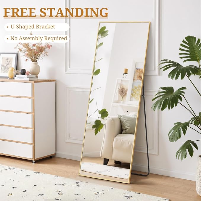 Full Length Mirror 58"x19" Full Body Mirror Rectangle Free Standing Wall Mounted Leaning Floor Mirrors with Stand Aluminum Alloy Frame for Bedroom Cloakroom, Gold