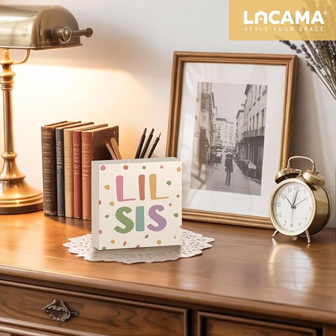 Lacama Boho Girl Nursery Wooden Box Sign, Little Sister Decorations Wood Block Signs, Twin Room Wood Sign for Toddler Girls Room Bedroom Playroom Desk Shelf Wall Decor 5x5 Inches