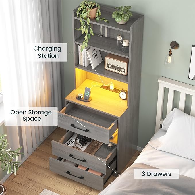 AOGLLATI Tall Nightstand with Charging Station and LED Lights, Night Stand with 3 Drawers and Storage Shelves, Bedside Table with Bookshelf, Modern End Side Table for Bedroom, Grey