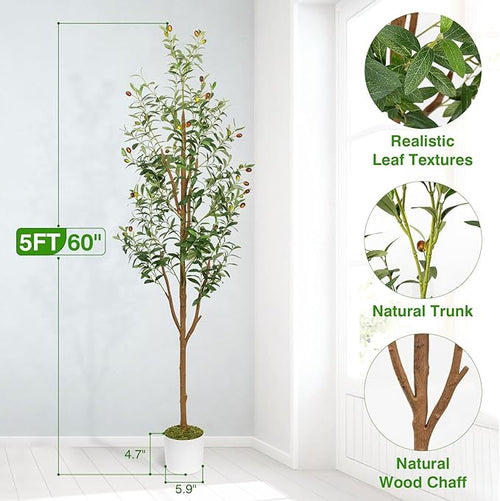 5FT Artificial Olive Tree - Indoor Tall Faux Olive Trees with Planter&Basket, Large Fake Olive Silk Tree Realistic Olive Plants with Branches and Fruits for Home Decor Office Living Room