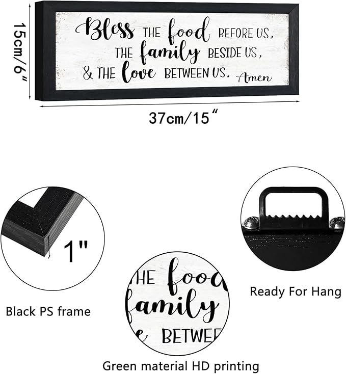 Bless the Food Before Us Wall Decor: Christian Bible Verse Wall Art Farmhouse Kitchen Dining Room Wall Decor Framed Small Plaque with Sayings - The Family Beside Us and The Love Between Us Signs