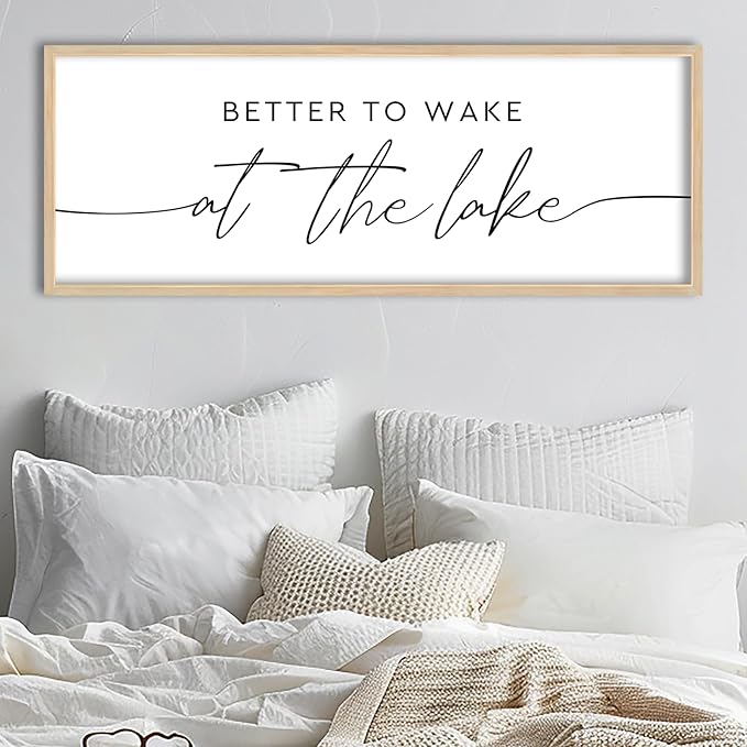 SRSZHIYUE Better To Wake At The Lake Wall Decor Above Bed Sign 40"×15" for Lake House Rustic Bedroom Over Bed Farmhouse Large Wood Framed Home Wall Hanging Art (Wood)