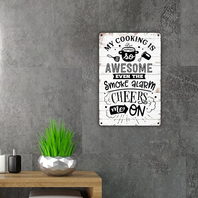 QIONGQI Funny Kitchen Quote My Cooking is Awesome Metal Tin Sign Wall Decor Retro Kitchen Signs with Sayings for Home Kitchen Decor Gifts
