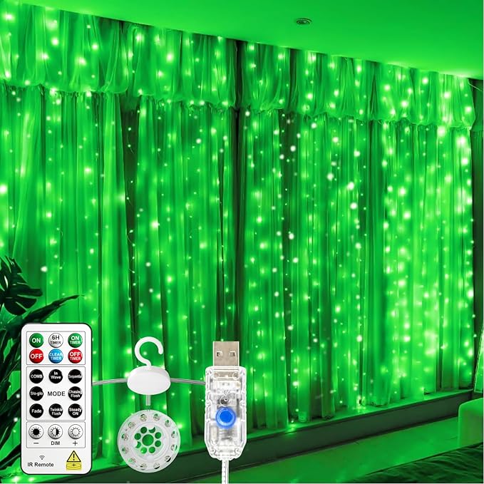 HXWEIYE 300LED Untangled Curtain Lights, 9.8x9.8Ft USB Fairy Twinkle String Lights with Remote and DIY Timer, 8 Modes Window Wall Hanging Light for Bedroom Dorm Backdrop Room Decor, Green