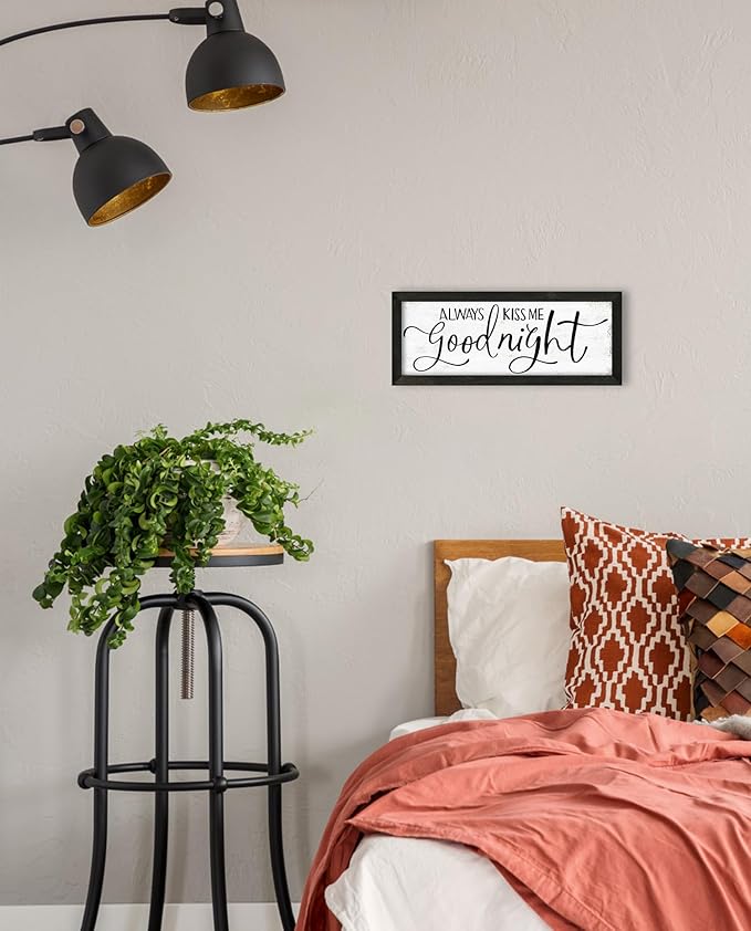 Always Kiss Me Goodnight Wall Sign: Master Bedroom Wall Decor Above Bed Framed Aesthetic Farmhouse Bedroom Decor for Couples Rustic Family Sign Minimalist Wall Art Wall Plaques 6" x 14.5"