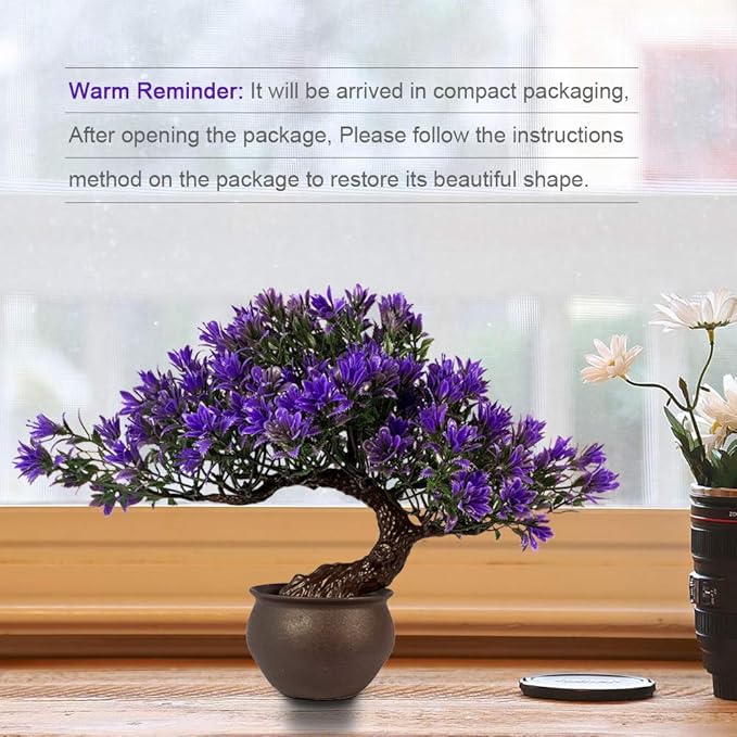 Artificial Bonsai Tree Fake Plants for Home Decor, Living Room Bathroom Bookshelf Entryway Table Wall Shelf Modern Farmhouse Decor, 9.5" Tall, Purple