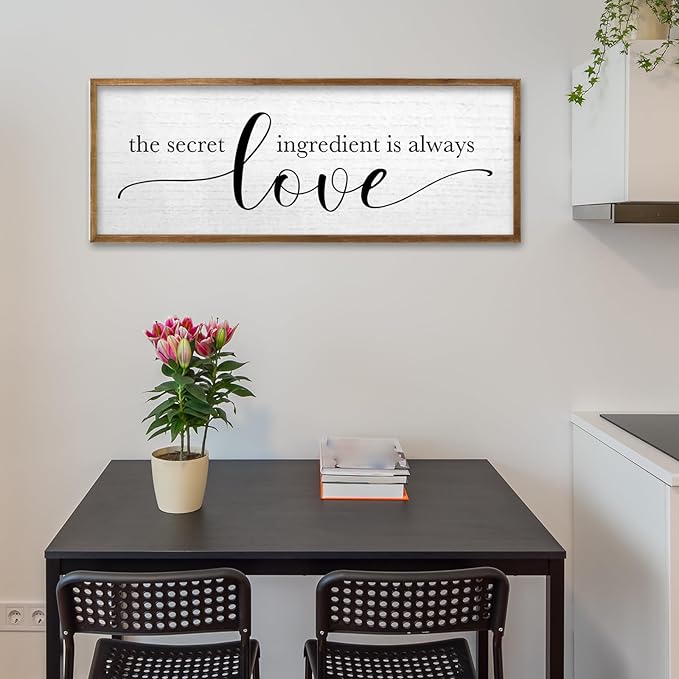 TQianJiang Kitchen Wall Decor The Secret Ingredient Is Always Love Sign 32"×12" Heartwarming Quote for Dining Room Mother's Day Large Farmhouse Rustic Wood Framed Wall Plaque Hanging Art (Wood)
