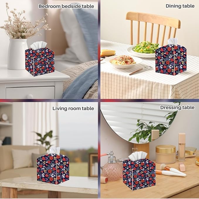 Tissue Box Cover, Tissue Box Holder, Square with Belt Bottom, PU Leather Decorative Organizer for Desk, Tabletop, Countertop Bathroom, Toilet Car, Office,Dressers, Kitchen, Aesthetic Red Flower Decor