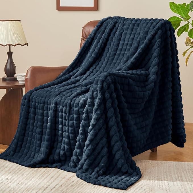 BEDELITE Updated Navy Throw Blanket for Couch and Bed- Super Soft and Warm 3D Checkered Fluffy Fuzzy Fleece Blanket, Luxurious Plush Cozy Blanket for Room Decor Spring, 50x60 inches