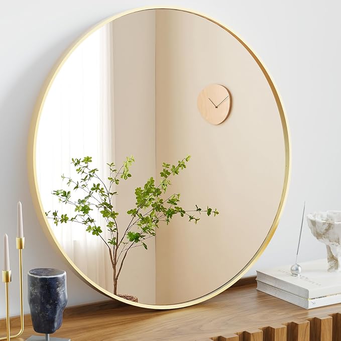 Sweetcrispy 28in Gold Round Bathroom Mirrors for Wall, Bathroom Mirrors for Over Sink, Wall Decor for Bathroom, Entryway, Bedroom, Vanity