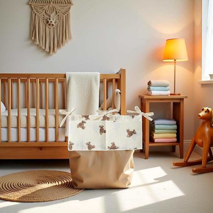 White Bedside Hanging Bags Milk Bottle Bib-Storage Crib Organizer Baby Nappy-Dormitory Bed-Bunk Organizing Bag Nappy- Organizer, Little Bear Nursery Hanging Organizers