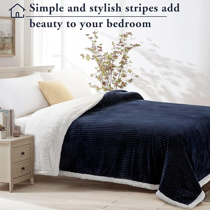 LBRO2M Striped Sherpa Fleece Bed Blanket Queen Size, Super Soft Fuzzy Plush Warm Cozy Fluffy Microfiber Couch Throw Velvet Double Reversible Luxurious Blankets (90x90),Navy Blue