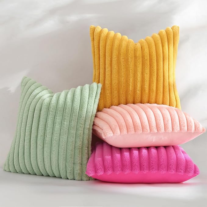 decorUhome Summer Cozy Faux Fur Throw Pillow Covers 18x18 Set of 2 Decorative Soft Plush Striped Modern Farmhouse Boho Couch Pillow Cases with Velvet Back for Sofa Bed Living Room, Sage Green