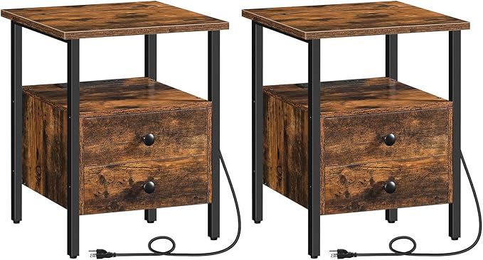 HOOBRO End Table Set of 2 with Charging Station, Bedside Table with 2 Drawer & USB Ports & Type-C Port, Nightstand for Small Spaces, Stable and Sturdy, for Living Room, Rustic Brown BF43UBZP201