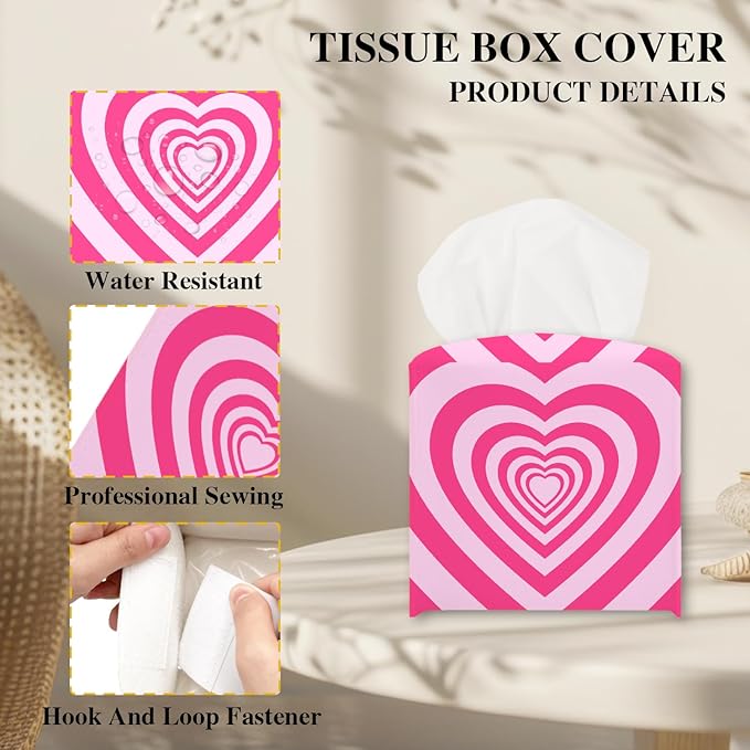 Pink Heart Tissue Box Cover, Cute Tissue Holder Square with Bottom Belt for Home Bathroom Office Vanity Countertop, Valentine's Day Gifts Ideas for Women Friends Mom Bestie -15