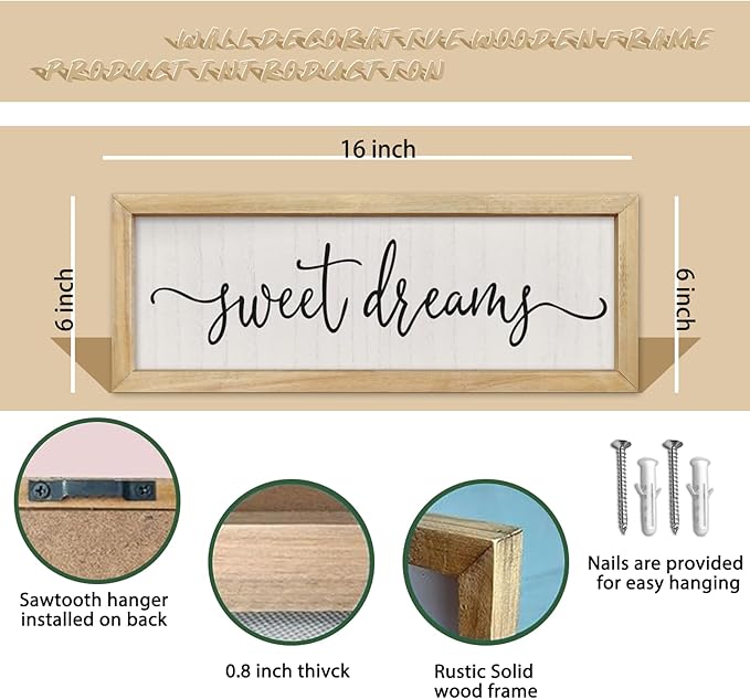 comurdyo Romantic Sweet Dreams Sign Above Over Bed Wall Decor 16"×6" Small for Modern Couples Master Bedroom Above Bed Minimalist Wood Framed Wall Art Plaque Decoration Hanging (Wood)