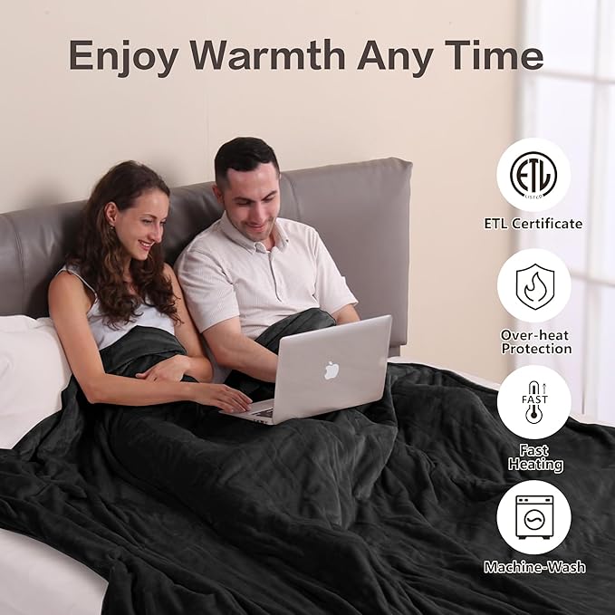 Tefici Electric Blanket King Size, Dual Control Super Cozy Soft 2-Layer Flannel 90" x100" Heated Blanket King Size with 3 Heat Levels & 8 Hours Auto Off,ETL&FCC Certified,Home Office Use,Black