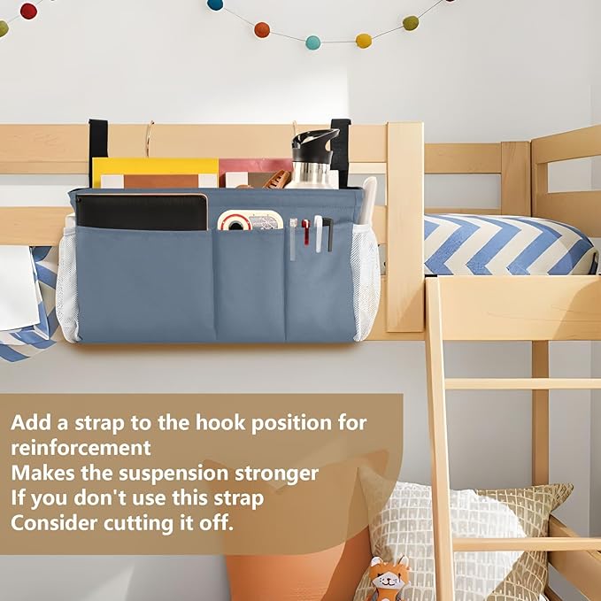 DOMIKING Dusty Blue Bedside Caddy for Dorm Bed Recliner Armrest Organizer with Hooks Haning Holder for Magazine Tablet Phone