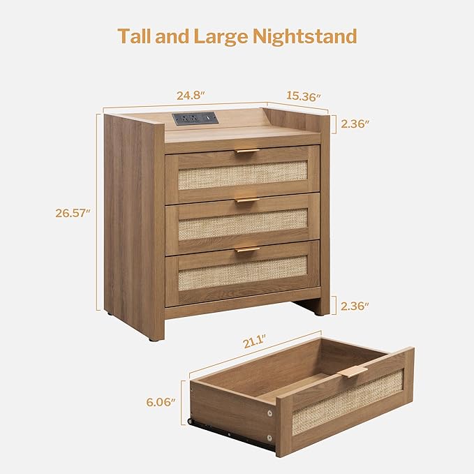 SICOTAS Larger Rattan Night Stand - Tall Nightstands with Type-C Charging Station, 3 Rattan Drawers, Boho Bedside Table End Table with Storage for Bedroom Sofa Couch Office - Oak