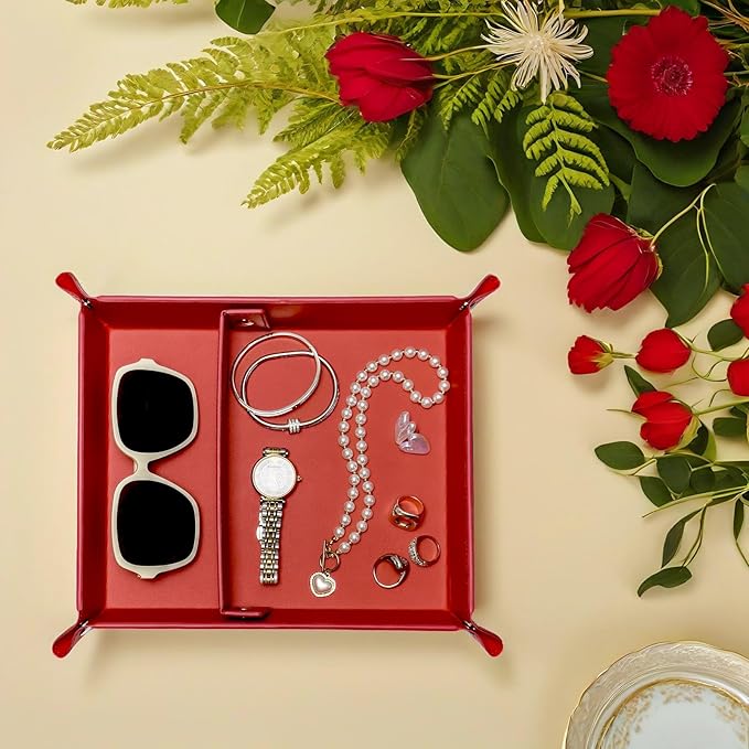 UnionBasic Medium Valet Tray, Jewelry Tray for Rings Watches Earrings, Entryway Catchall Caddy for Coins Keys Change, Nightstand Bedside Valet Holder, Trays for Electronic Gadgets, Red Plus